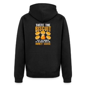 Biscuit Bliss mit Honigsauce - Unisex Premium Bio Zip Hoodie - Schwarz - Hinten - Nico (187cm)