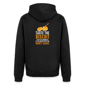 Probieren Sie den Keks mit Honigsauce - Unisex Premium Bio Zip Hoodie - Schwarz - Hinten - Nico (187cm)