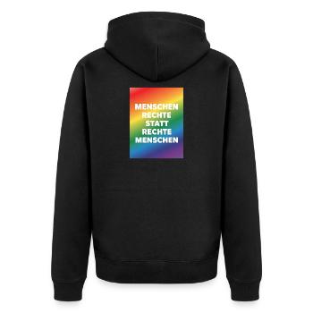 Menschenrechte statt Hass und Hetze - Unisex Premium Bio Zip Hoodie - Schwarz - Hinten - Nico (187cm)