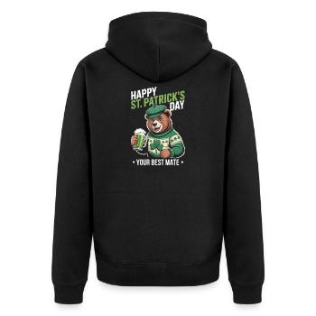 St Patrick's Bär mit Grünem Mantel - Unisex Premium Bio Zip Hoodie - Schwarz - Hinten - Nico (187cm)