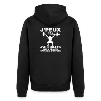 Ich kann nicht, ich habe Kniebeugen, Schritte, Trizeps, Ganage - Unisex Premium Bio Zip Hoodie - Schwarz - Hinten - Nico (187cm)