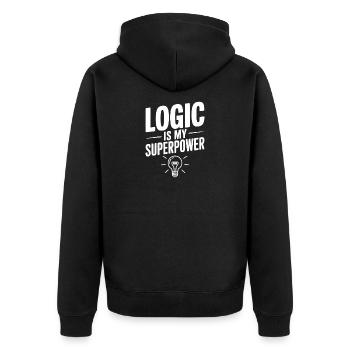Logik ist meine Superkraft - Unisex Premium Bio Zip Hoodie - Schwarz - Hinten - Nico (187cm)
