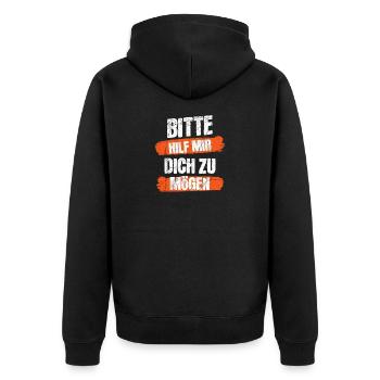 Hilf mir dich zu mögen - Unisex Premium Bio Zip Hoodie - Schwarz - Hinten - Nico (187cm)