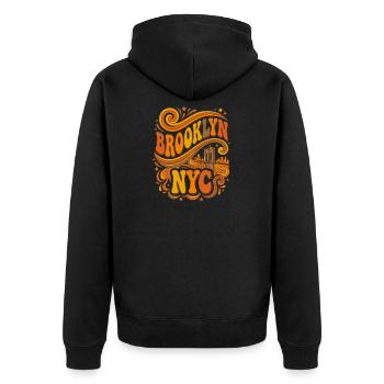 Brooklyn NYC – Retro 70er Bridge Orange - Unisex Premium Bio Zip Hoodie - Schwarz - Hinten - Nico (187cm)