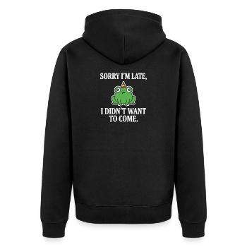 Entschuldige, dass ich zu spät bin. Frosch wollte nicht lustig kommen. - Unisex Premium Bio Zip Hoodie - Schwarz - Hinten - Nico (187cm)