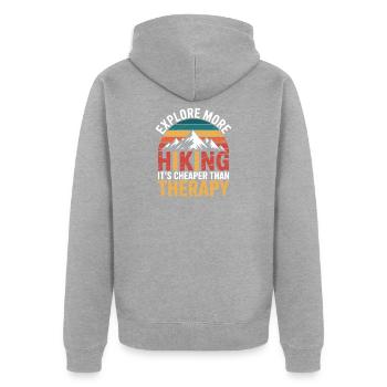 Entdecken Sie mehr. Es ist günstiger als Therapie - Unisex Premium Bio Zip Hoodie - Grau meliert - Hinten - Nico (187cm)