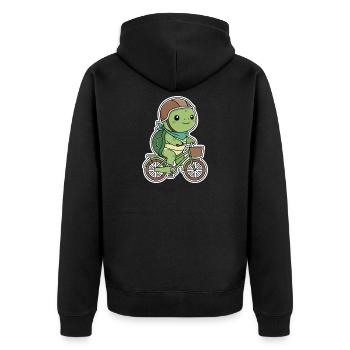 Grüne Schildkröte auf Fahrrad - Unisex Premium Bio Zip Hoodie - Schwarz - Hinten - Nico (187cm)