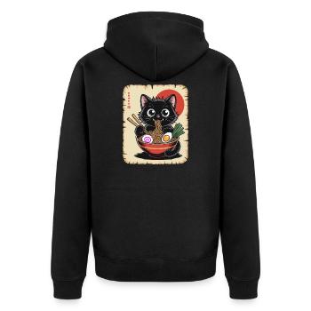 Kawaii Black Cat Eating Japanese Ramen Noodles - Unisex Premium Organic Zip Hoodie - black - Back - Nico (187cm)