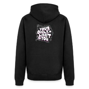 Your Only Limit Is You – Motivation Typografie - Unisex Premium Bio Zip Hoodie - Schwarz - Hinten - Nico (187cm)