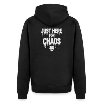 Just Here for Chaos – Provocative Saying - Unisex Premium Organic Zip Hoodie - black - Back - Nico (187cm)