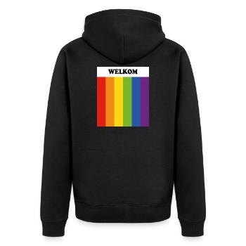 LGBT begrüßt Welkom Queer Safe Space – auf Niederländisch - Unisex Premium Bio Zip Hoodie - Schwarz - Hinten - Nico (187cm)