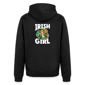 Irish Girl mit Grünem Kleeblatt - Unisex Premium Bio Zip Hoodie - Schwarz - Hinten - Nico (187cm)