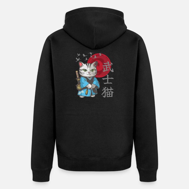 Chat, anime, chaton samouraï japonais - Veste à capuche bio Premium Unisexe - noir