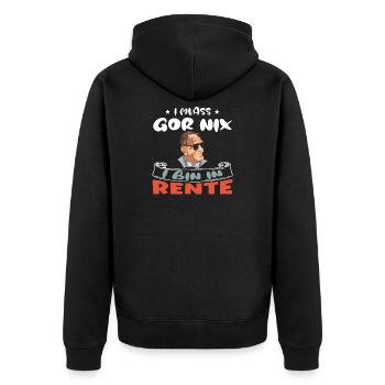 I muass gor nix – I bin in Rente - Unisex Premium Bio Zip Hoodie - Schwarz - Hinten - Nico (187cm)