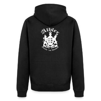 ÄLBLER ZWECKS ´EM ÜBERBLICK - WHITE FONT - Unisex Premium Bio Zip Hoodie - Schwarz - Hinten - Nico (187cm)