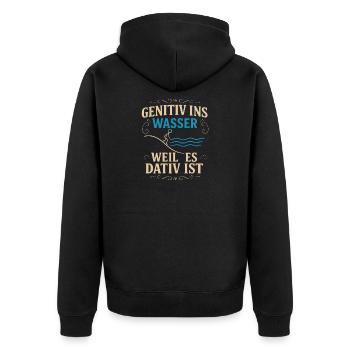 Genitiv ins Wasser – Sprachwitz - Unisex Premium Bio Zip Hoodie - Schwarz - Hinten - Nico (187cm)