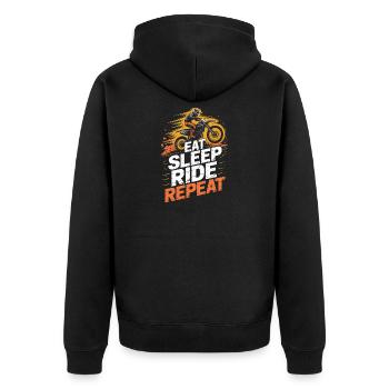 Dirtbiken, essen, schlafen, ausritten, wiederholen - Unisex Premium Bio Zip Hoodie - Schwarz - Hinten - Nico (187cm)
