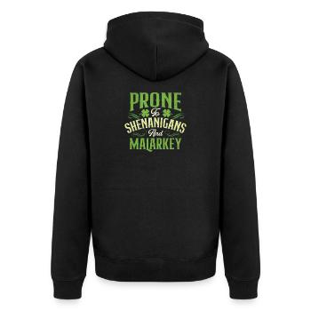 Anfällig für Streiche und Unsinn - Unisex Premium Bio Zip Hoodie - Schwarz - Hinten - Nico (187cm)