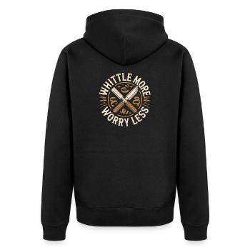 Schnitz mehr, sorge dich weniger - Unisex Premium Bio Zip Hoodie - Schwarz - Hinten - Nico (187cm)