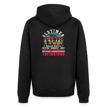 Oldtimer Baujahr 1971 - 55. Geburtstag - Unisex Premium Bio Zip Hoodie - Schwarz - Hinten - Nico (187cm)