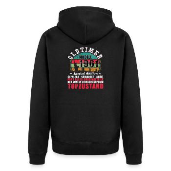 Oldtimer Baujahr 1961 - 65. Geburtstag - Unisex Premium Bio Zip Hoodie - Schwarz - Hinten - Nico (187cm)