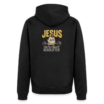 Jesus The Ultimate Deadlifter – Retro Fitness - Unisex Premium Bio Zip Hoodie - Schwarz - Hinten - Nico (187cm)