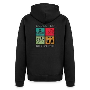 Level 14 abgeschlossen - Unisex Premium Bio Zip Hoodie - Schwarz - Hinten - Nico (187cm)