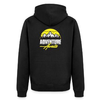 Abenteuer wartet Berglandschaft Neon - Unisex Premium Bio Zip Hoodie - Schwarz - Hinten - Nico (187cm)