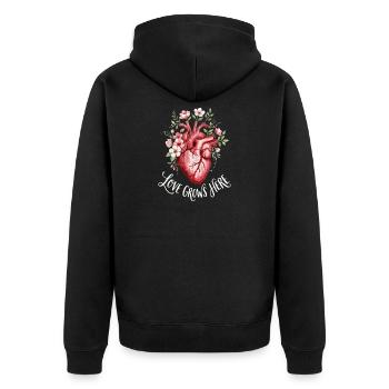 Liebe wächst hier anatomische Herzblumen - Unisex Premium Bio Zip Hoodie - Schwarz - Hinten - Nico (187cm)