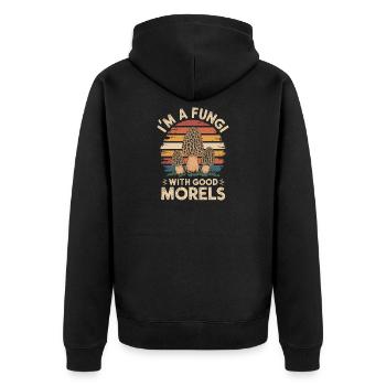 Ich bin ein Pilz mit guten Morcheln - Unisex Premium Bio Zip Hoodie - Schwarz - Hinten - Nico (187cm)