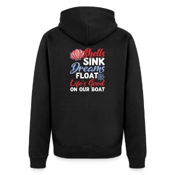 Shells Sink Dreams Float on Our Boat - Unisex Premium Bio Zip Hoodie - Schwarz - Hinten - Nico (187cm)