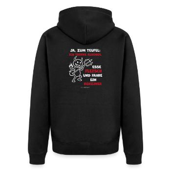 Teufelsspruch: Alkohol, Fleisch, Benziner - Unisex Premium Bio Zip Hoodie - Schwarz - Hinten - Nico (187cm)