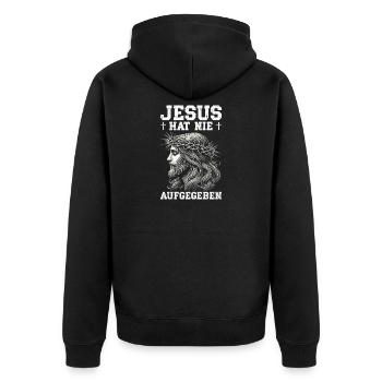 Jesus Hat Nie Aufgegeben Christlich Kirche - Unisex Premium Bio Zip Hoodie - Schwarz - Hinten - Nico (187cm)