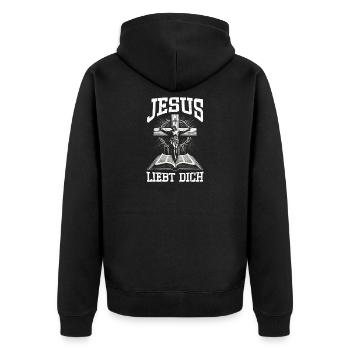 Jesus Liebt Dich Christlich Katholiken Gläubiger - Unisex Premium Bio Zip Hoodie - Schwarz - Hinten - Nico (187cm)