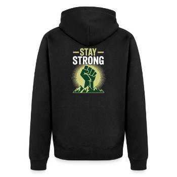 Stay Strong - Power Faust Berge Design - Unisex Premium Bio Zip Hoodie - Schwarz - Hinten - Nico (187cm)