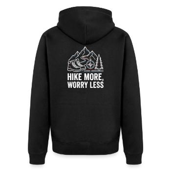 Hike More Worry Less - Unisex Premium Bio Zip Hoodie - Schwarz - Hinten - Nico (187cm)