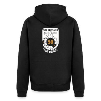 Top Zustand Spezial Edition  50 Jahre 1976 Sept. - Unisex Premium Bio Zip Hoodie - Schwarz - Hinten - Nico (187cm)