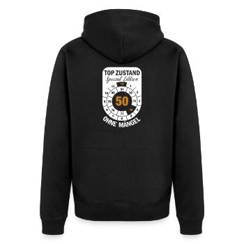 Top Zustand Spezial Edition  50 Jahre 1976 Dez. - Unisex Premium Bio Zip Hoodie - Schwarz - Hinten - Nico (187cm)
