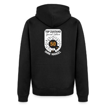 Top Zustand Spezial Edition  50 Jahre 1976 Juni - Unisex Premium Bio Zip Hoodie - Schwarz - Hinten - Nico (187cm)