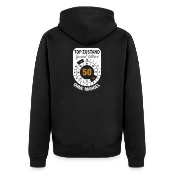 Top Zustand Spezial Edition  50 Jahre 1976 Nov. - Unisex Premium Bio Zip Hoodie - Schwarz - Hinten - Nico (187cm)