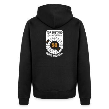 Top Zustand Spezial Edition  50 Jahre 1976 Oktober - Unisex Premium Bio Zip Hoodie - Schwarz - Hinten - Nico (187cm)