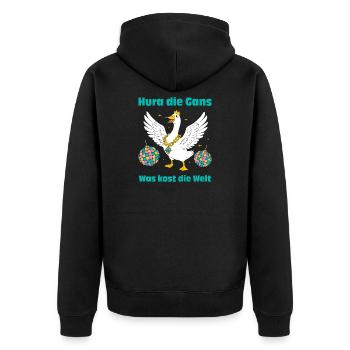 Disco Gans: Hura die Gans, was kost die Welt! - Unisex Premium Bio Zip Hoodie - Schwarz - Hinten - Nico (187cm)
