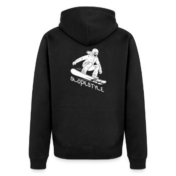 Slopestyle Snowboard Action Geschenk - Unisex Premium Bio Zip Hoodie - Schwarz - Hinten - Nico (187cm)