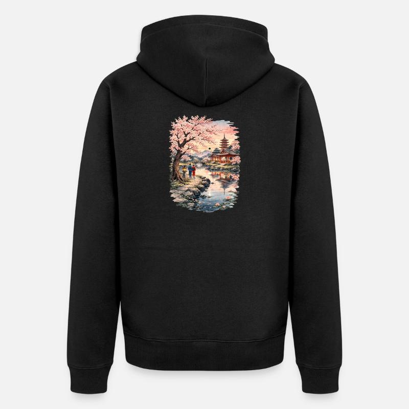 Fleurs traditionnelles de cerisier japonais - Veste à capuche bio Premium Unisexe - noir