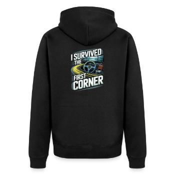 Ich habe die erste Kurve überlebt - Unisex Premium Bio Zip Hoodie - Schwarz - Hinten - Nico (187cm)