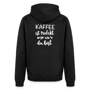 Kaffee ist Perfekt – so wie du bist - Unisex Premium Bio Zip Hoodie - Schwarz - Hinten - Nico (187cm)