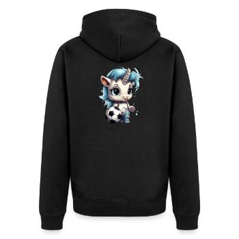 Einhorn mit Ball -  Kicker - Fussball - Unisex Premium Bio Zip Hoodie - Schwarz - Hinten - Nico (187cm)