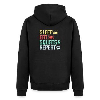 Fitness Fanatics Sleep Eat Squats Repeat - Unisex Premium Bio Zip Hoodie - Schwarz - Hinten - Nico (187cm)