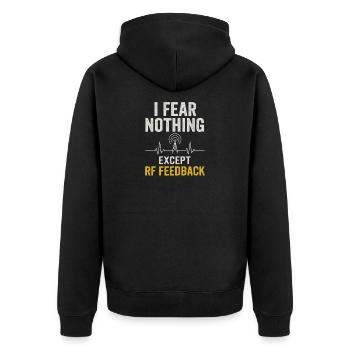 I'm just afraid RF feedback | Funk Humor - Unisex Premium Organic Zip Hoodie - black - Back - Nico (187cm)