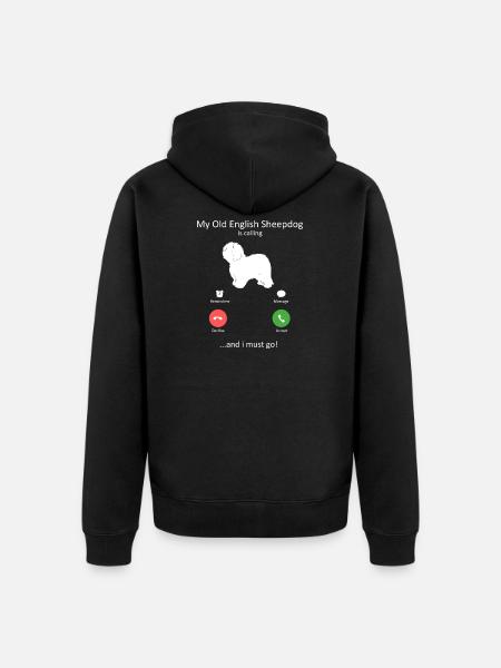 Old English Sheepdog Calling Phone Screen - Unisex Premium Organic Zip Hoodie - black